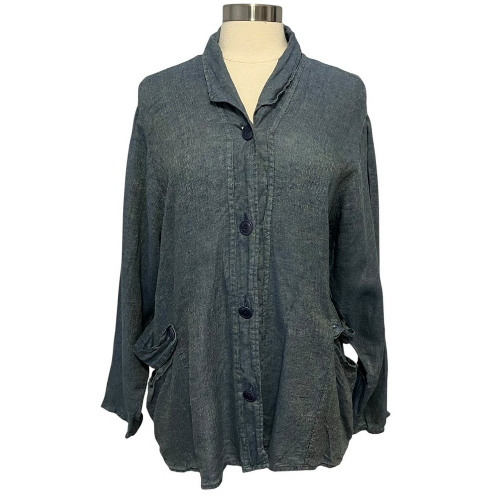 FLAX Jeanne Engelhart Linen Jacket Blue Button Front Lagenlook L